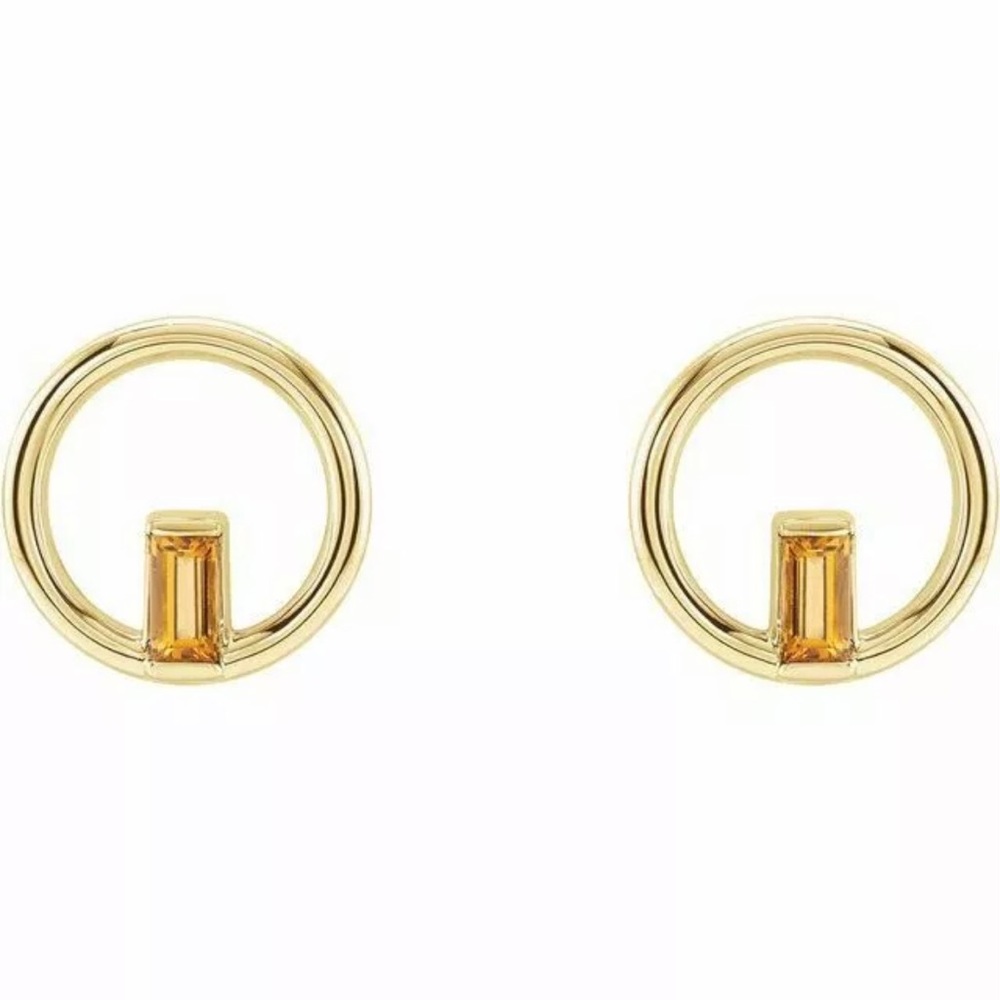 Citrine Gold Circle Stud Earrings 14K NEW
